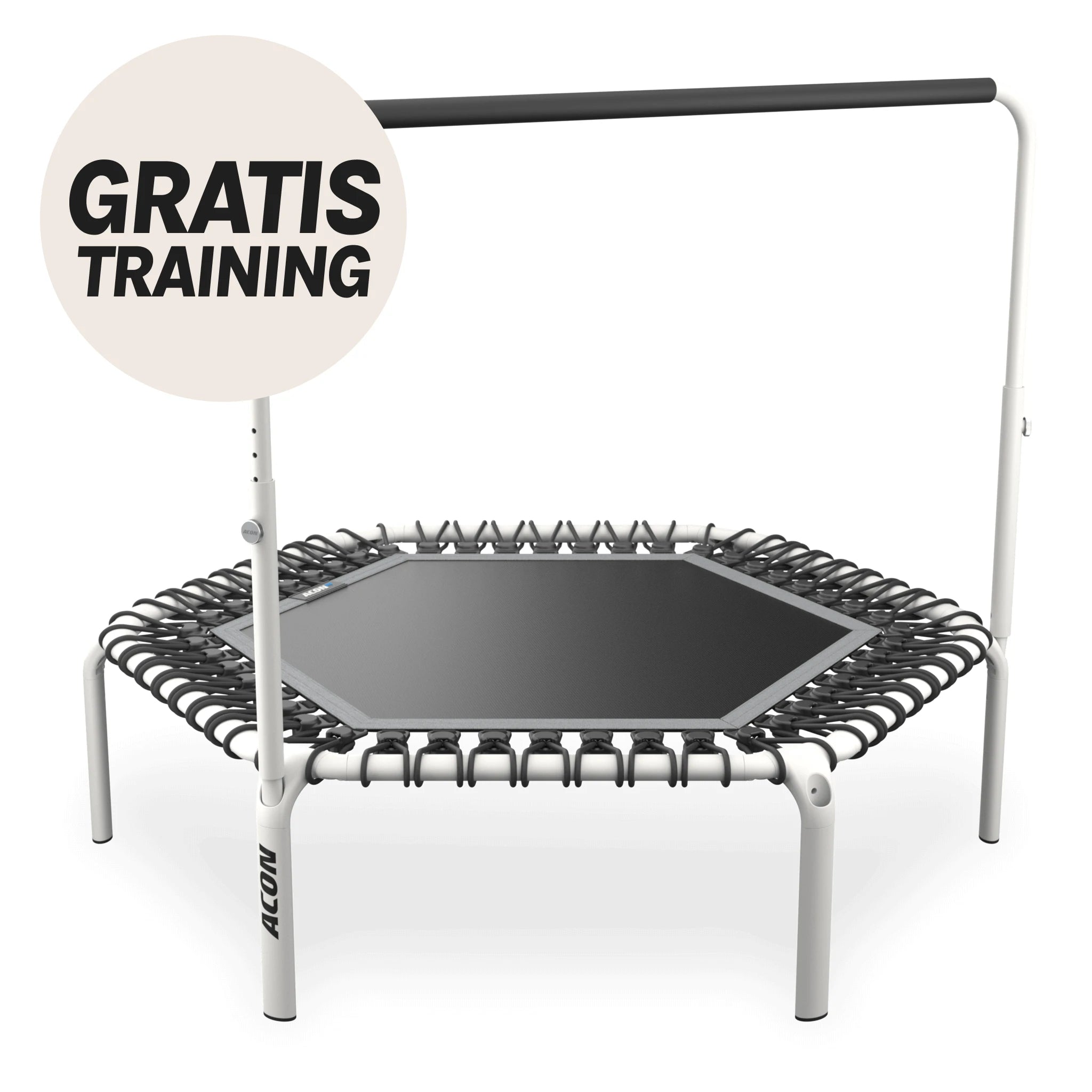 Weißes Hexagon Acon FIT-Trampolin mit Balance-Griff. Beiger Kreis mit dem Text „Gratis Training“.