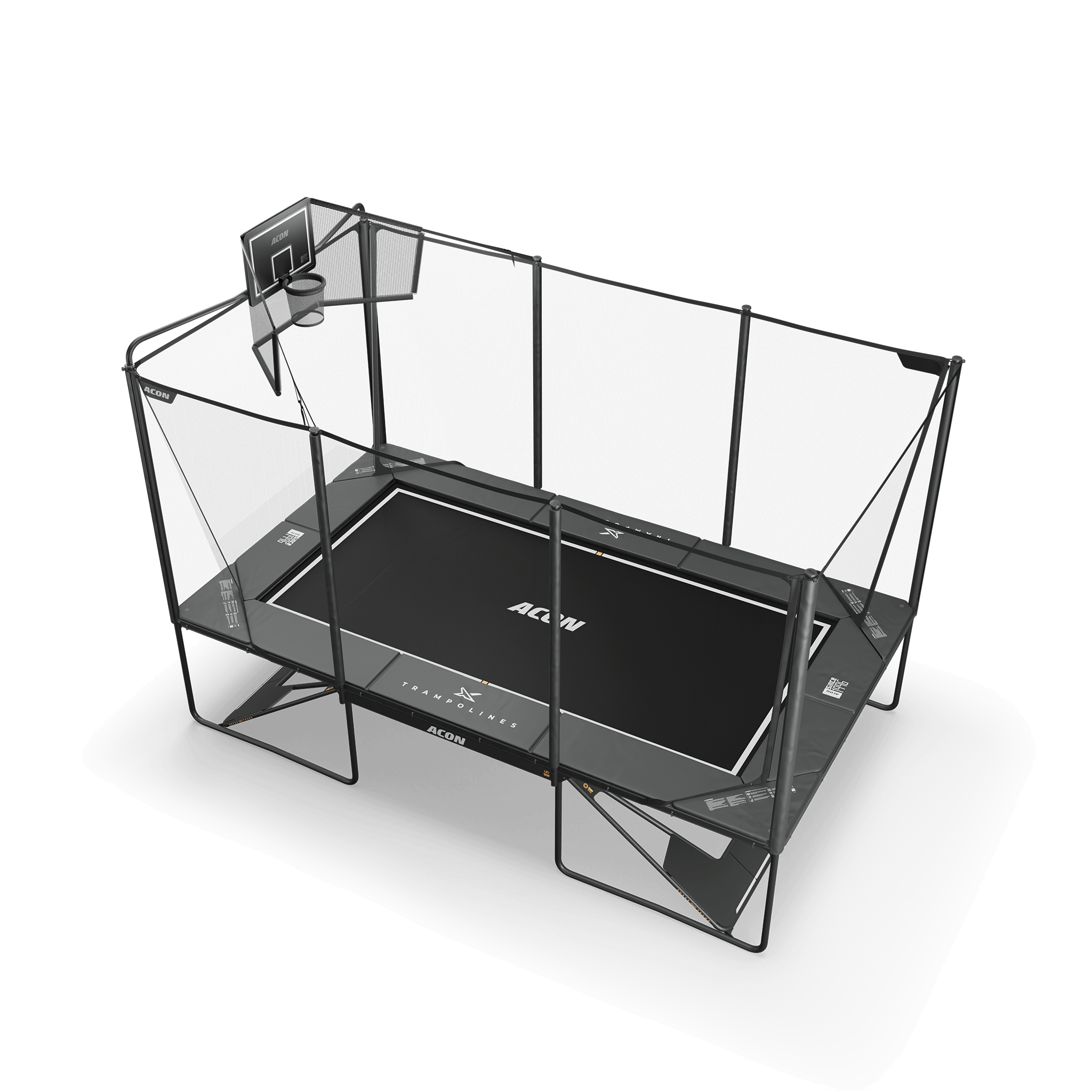 Acon X 17ft Rechteckiges Trampolin mit Acon X Basketballkorb und Rückennetz.