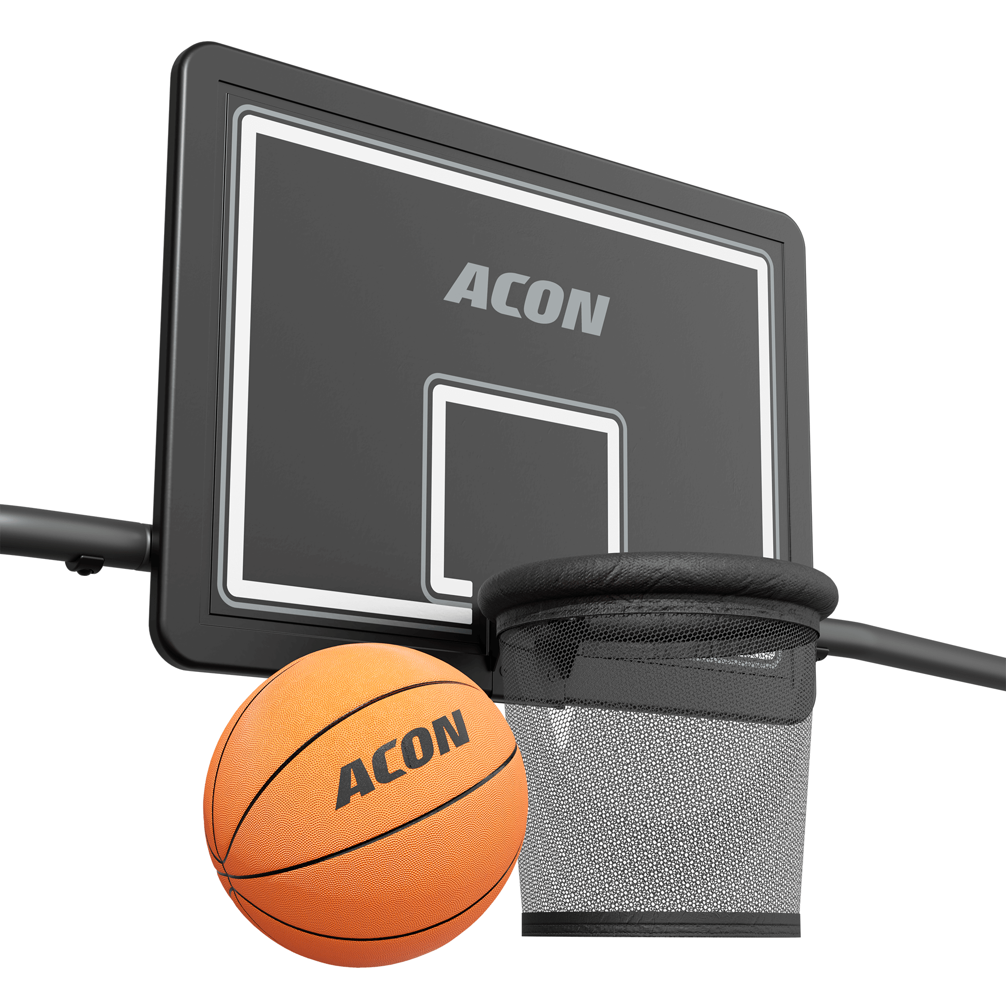 Nahaufnahme des Acon X Trampolin Basketballkorbs und des Basketballs.