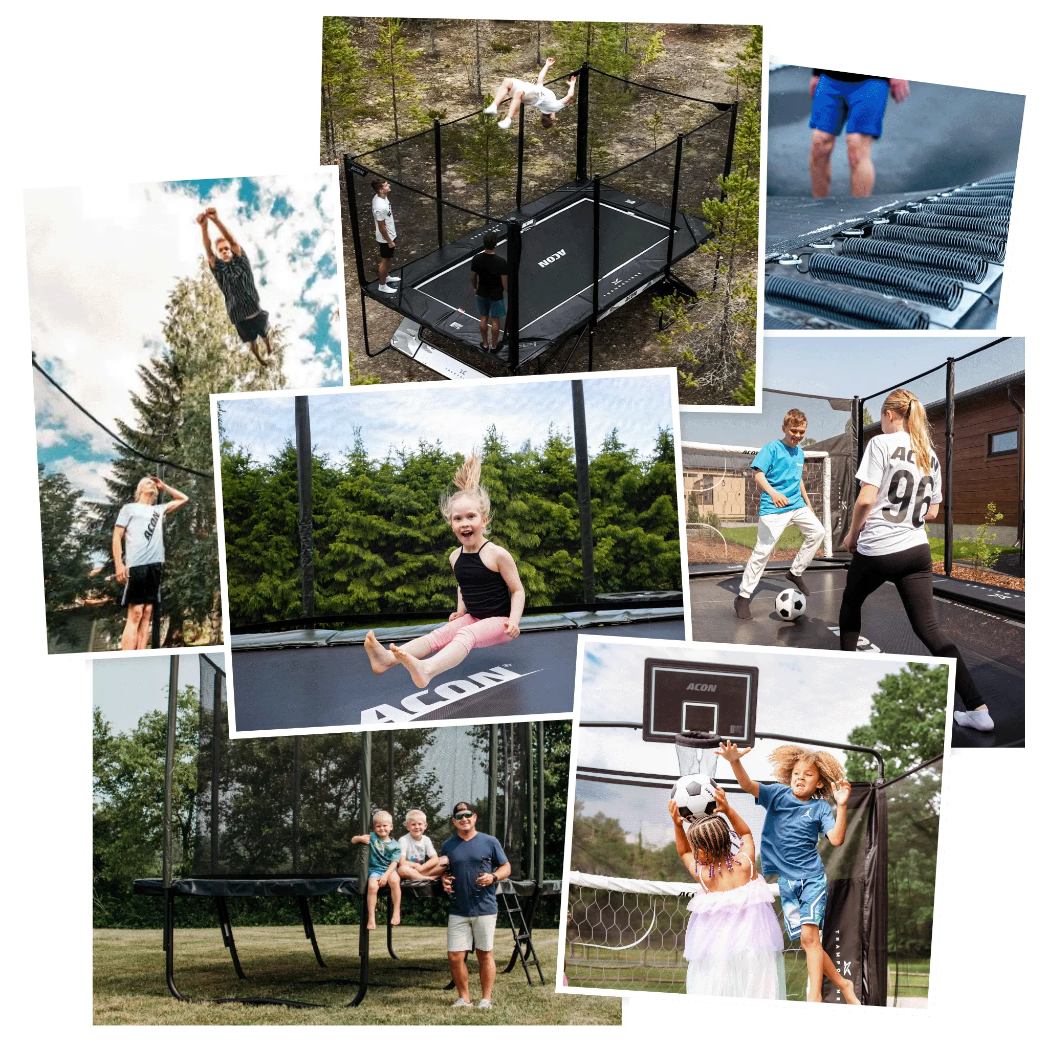 Collage von Menschen auf Acon-Trampolinen mit Sprüngen, Spielen und gemeinsamen Familienaktivitäten.