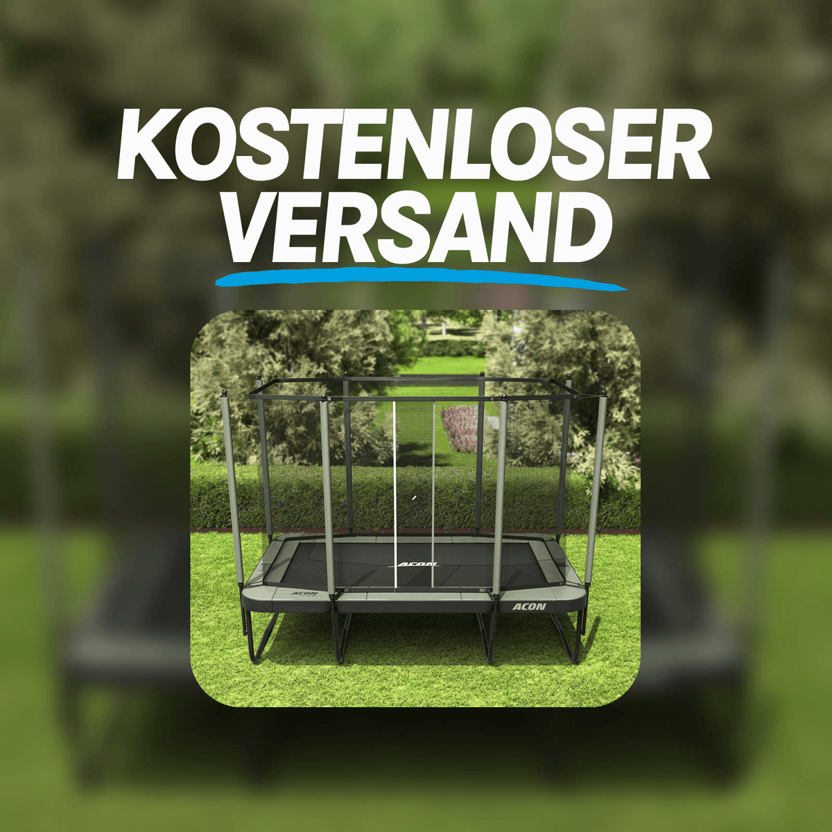 Rechteckiges Trampolin in einem Hinterhof, ein Text KOSTENLOSER VERSAND.