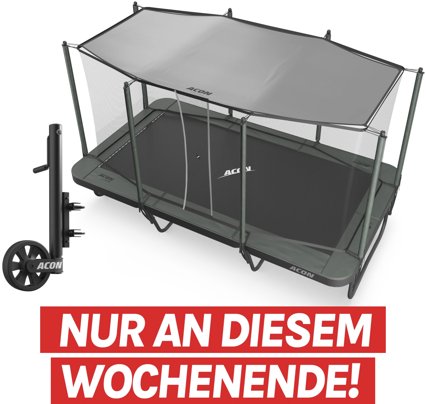Erhalte einen kostenlosen Sonnenschutz beim Kauf eines 16 HD Trampolins und sichere dir die Trampolinräder für nur 399 €! 