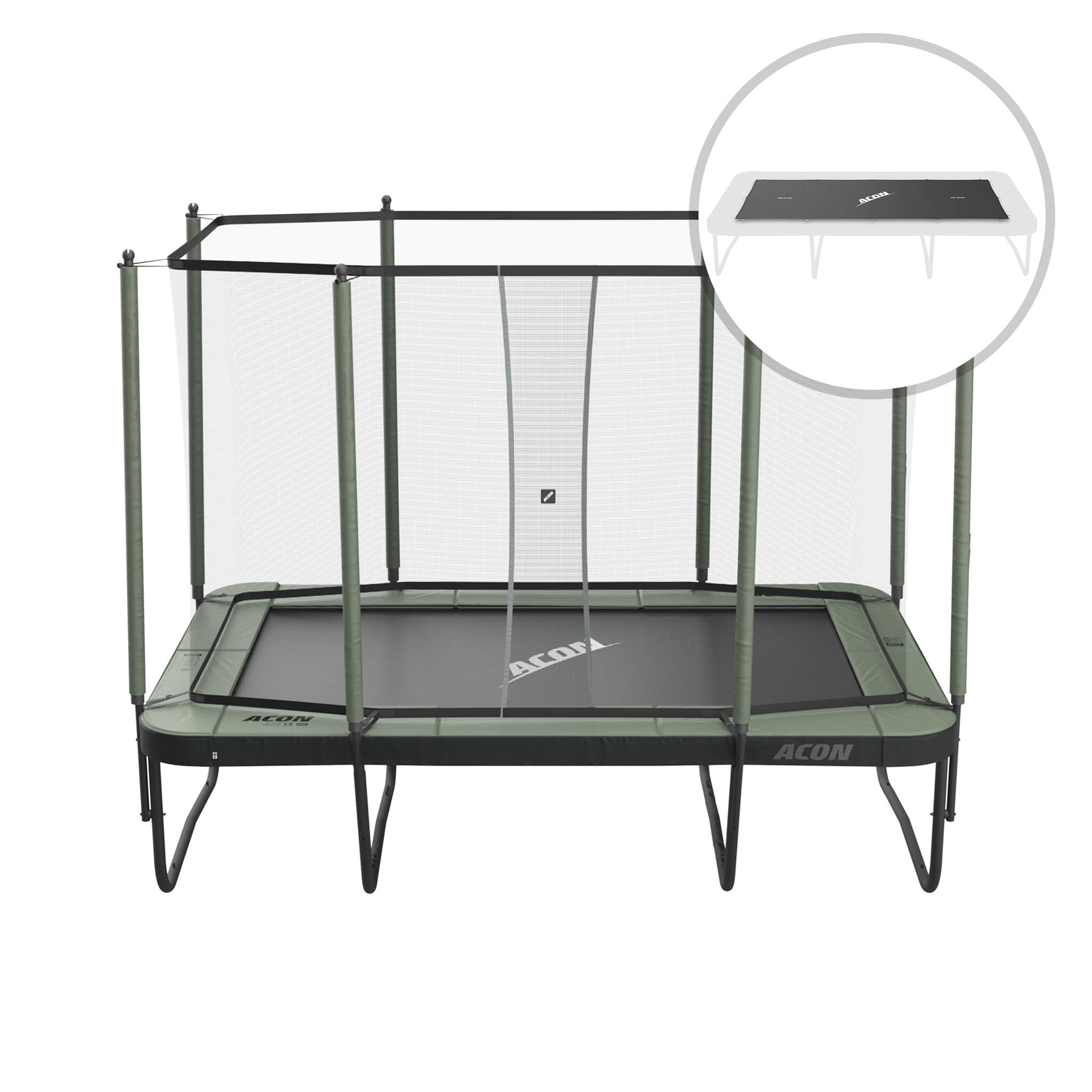Acon Air 13 Sport HD Rechteckiges Trampolin mit Netz und Leiter und ACON Wetterschutzhülle.