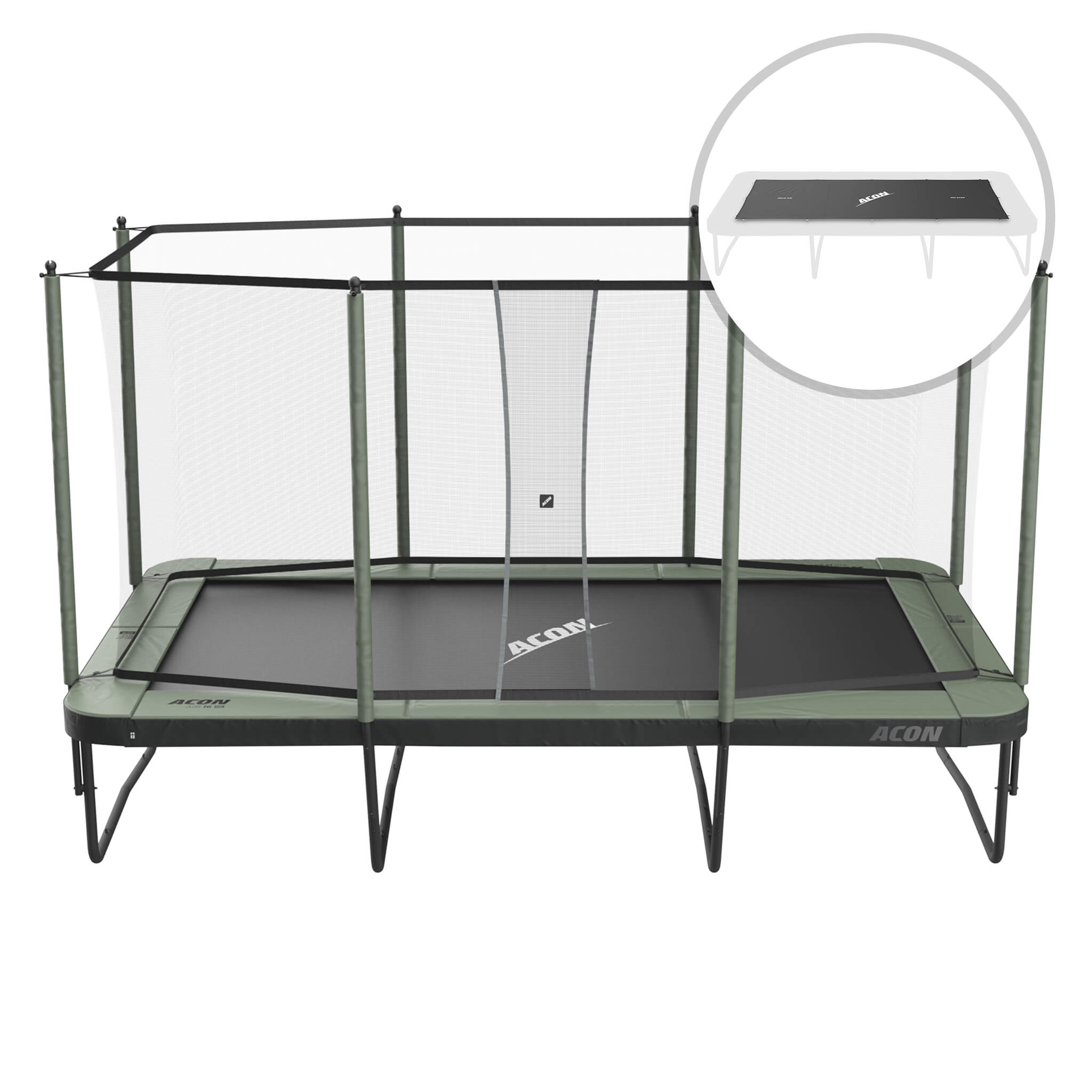 Acon Air 16 Sport HD Rechteckiges Trampolin mit Netz und Leiter und ACON Wetterschutzhülle.