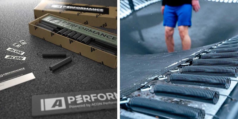 Ein Doppelbild: Acon A-Performance Piano Wire Springs Paket geöffnet und Springerfüße auf Acon Trampolin