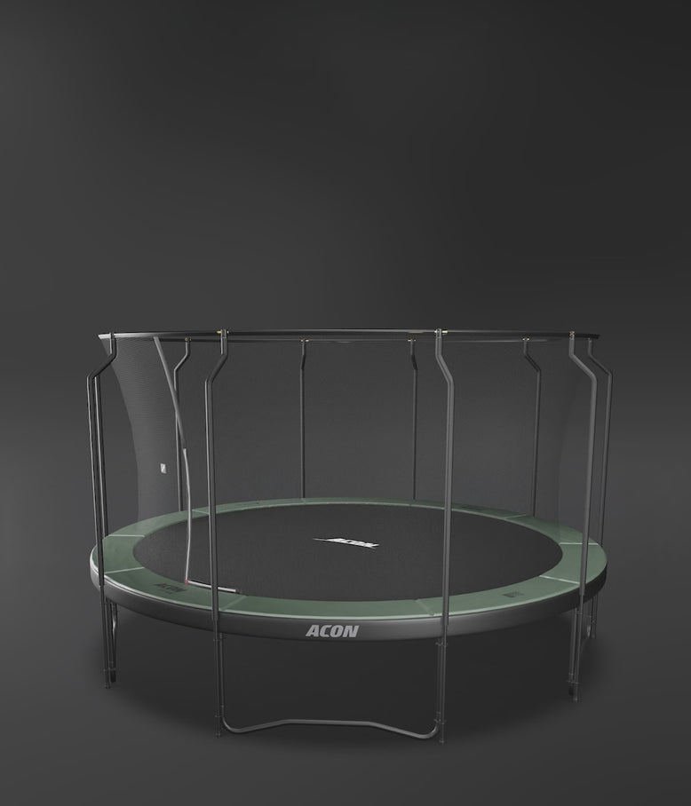 Runder Acon-Trampolin mit Premium- und Standard-Sicherheitsnetz in einem Slideshow-Video. Sicheres Outdoor-Trampolin – perfekt für Familien und aktive Springer.