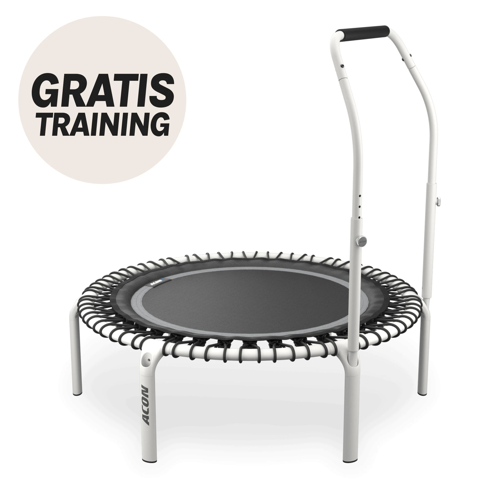 Weißes Rundes Acon FIT-Trampolin mit Active-Griff. Beiger Kreis mit dem Text „Gratis Training“.