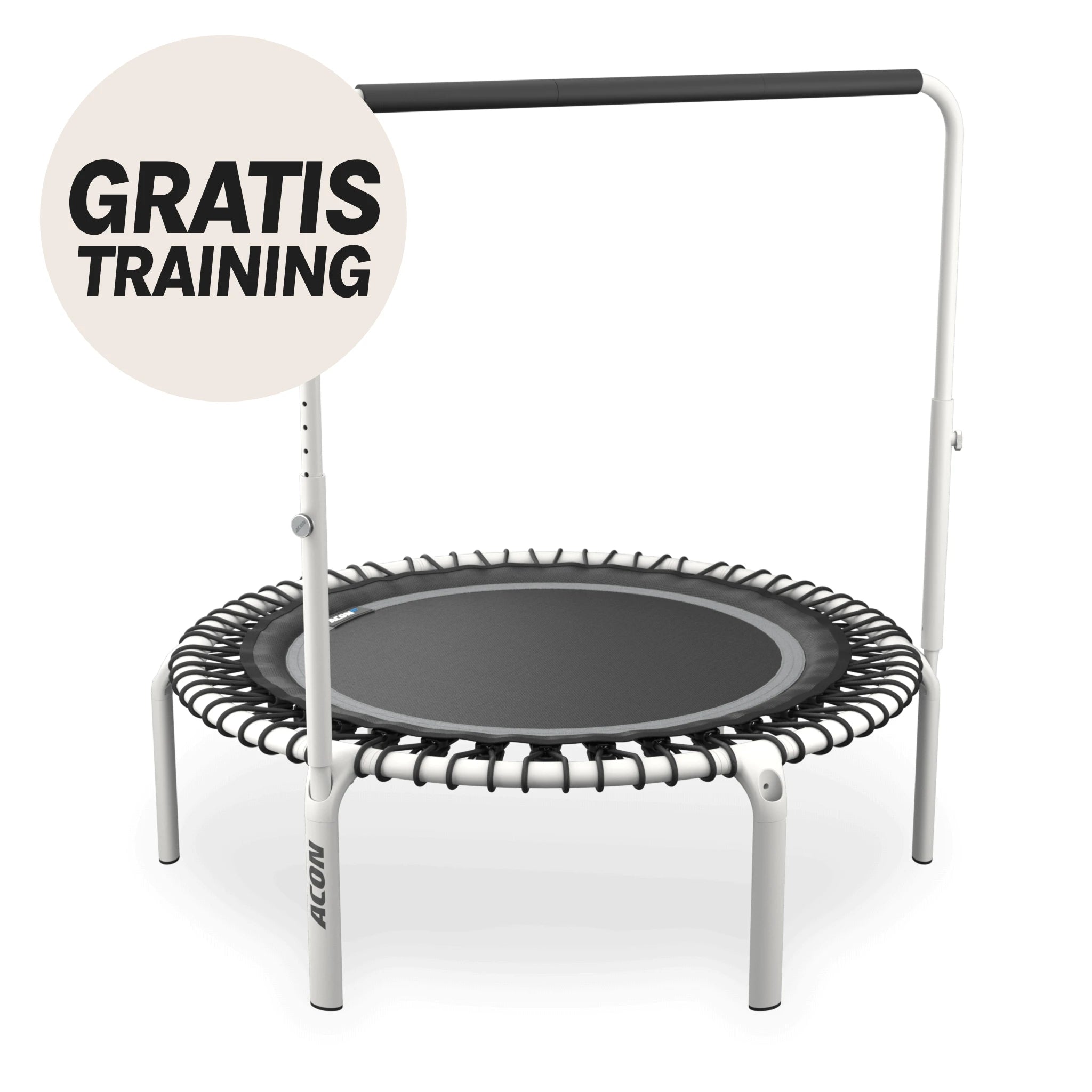 Weißes Rundes Acon FIT-Trampolin mit Balance-Griff. Beiger Kreis mit dem Text „Gratis Training“.