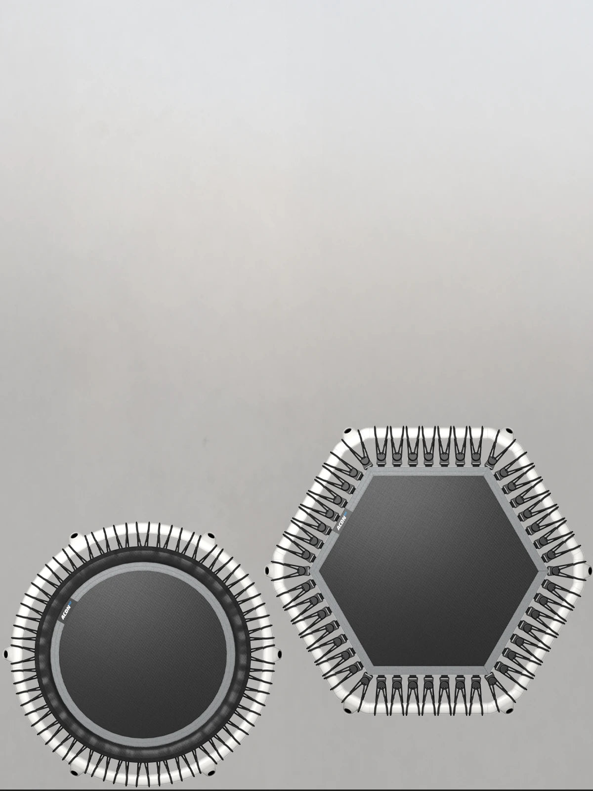 Grauer Hintergrund mit teilweise sichtbaren runden und hexagonalen Reboundern aus der Vogelperspektive.