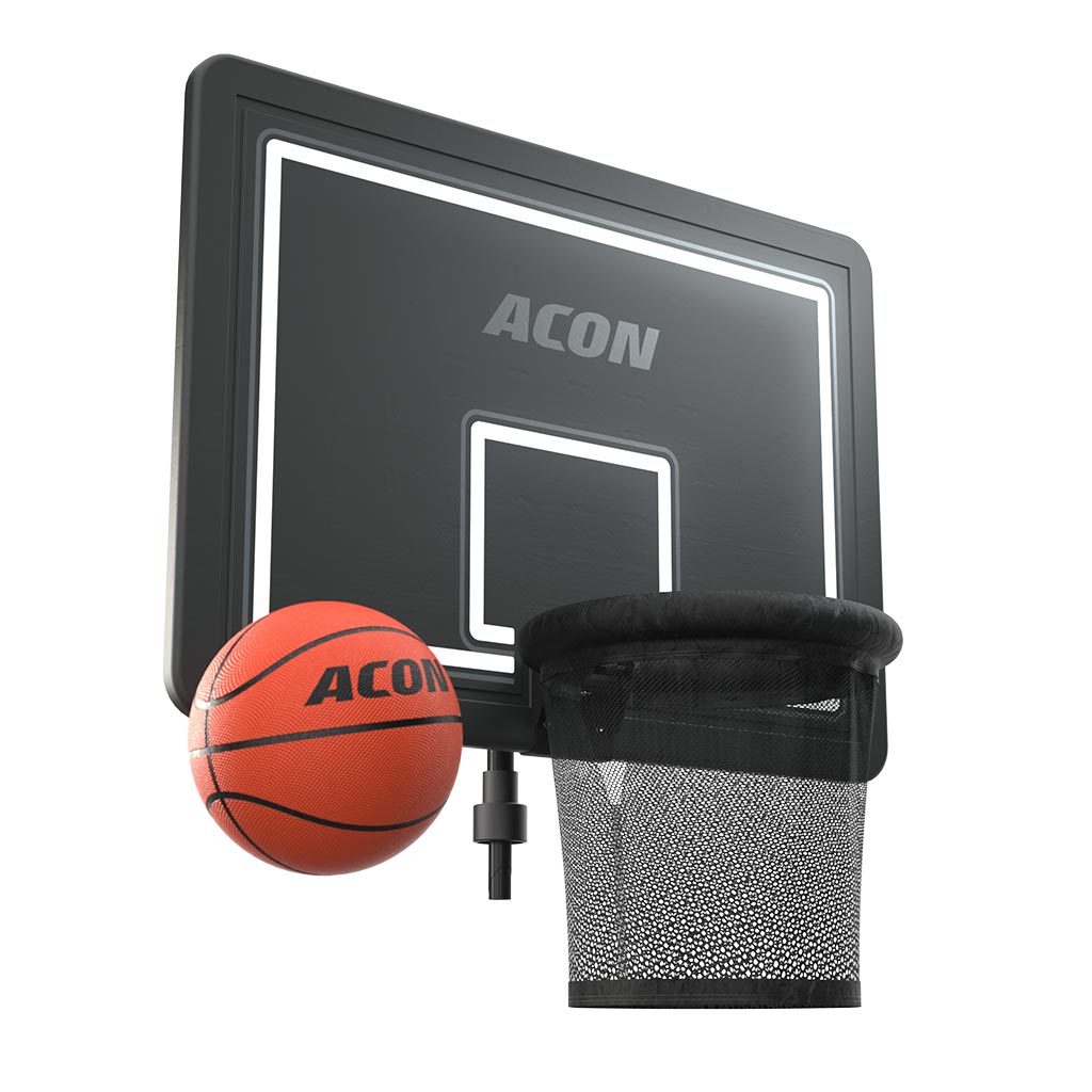 Produktbild des orangefarbenen Acon-Basketballs in Profiqualität, der neben dem Acon-Trampolinkorb für runde Trampoline abgebildet ist, aufgenommen vor weißem Hintergrund.