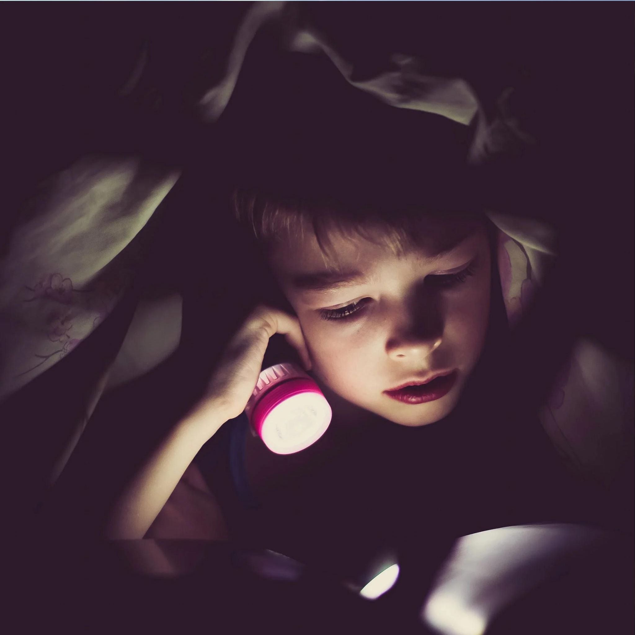 Kind mit Taschenlampe in Schlafsack. Übernachtung Trampolin.