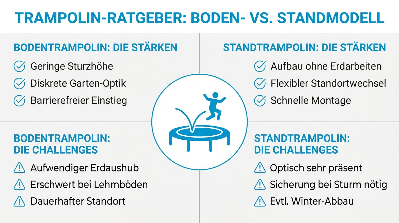Infografik Trampolin eingraben Vor- und Nachteile vs Standtrampolin – Stärken und Challenges beider Modelle im Überblick